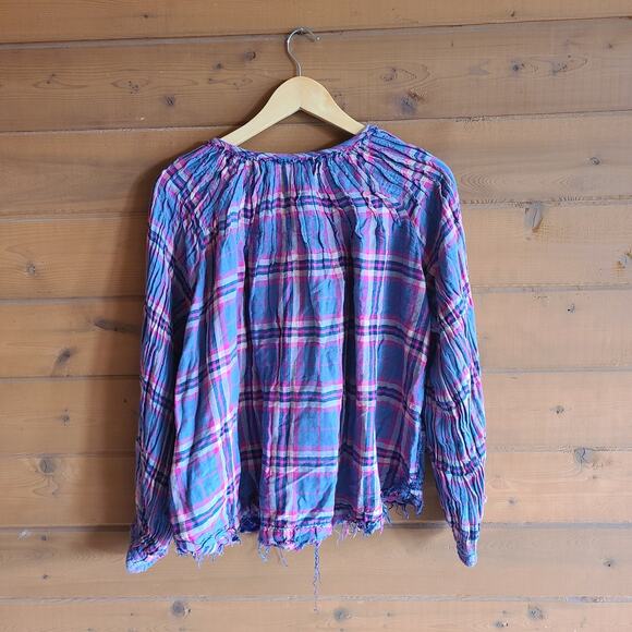 Free People Cloudbreaker Tunic Top Blouse Plaid Flowy Lace Up Blue Pink Medium - Picture 4 of 6